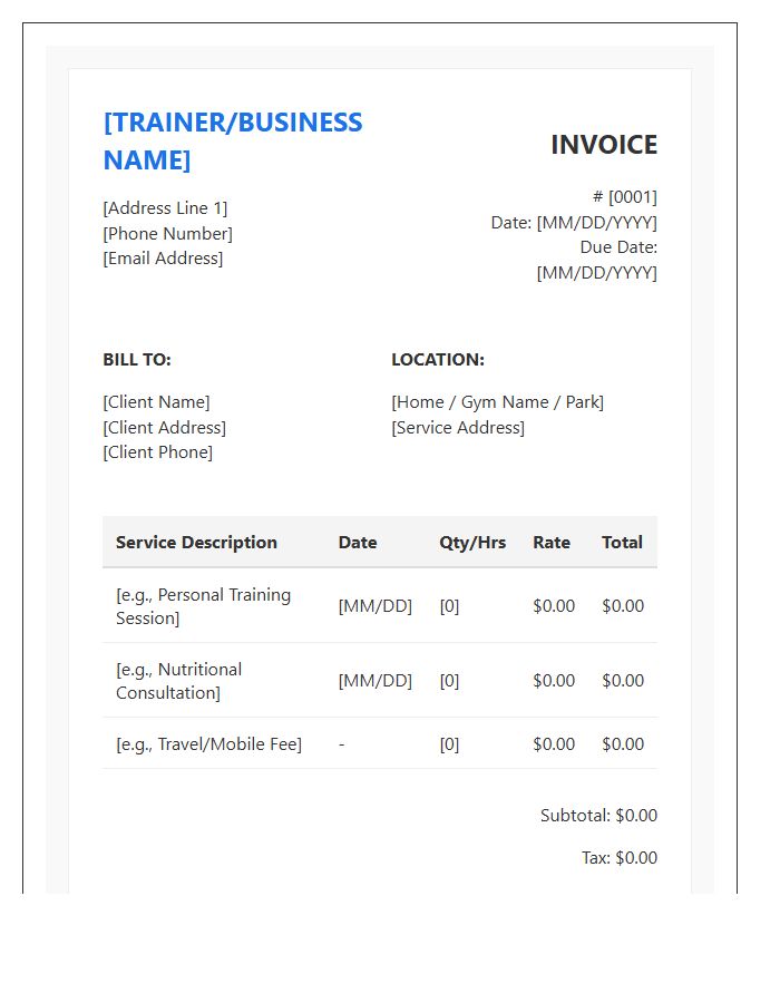 Mobile Fitness Trainer Service Invoice Template