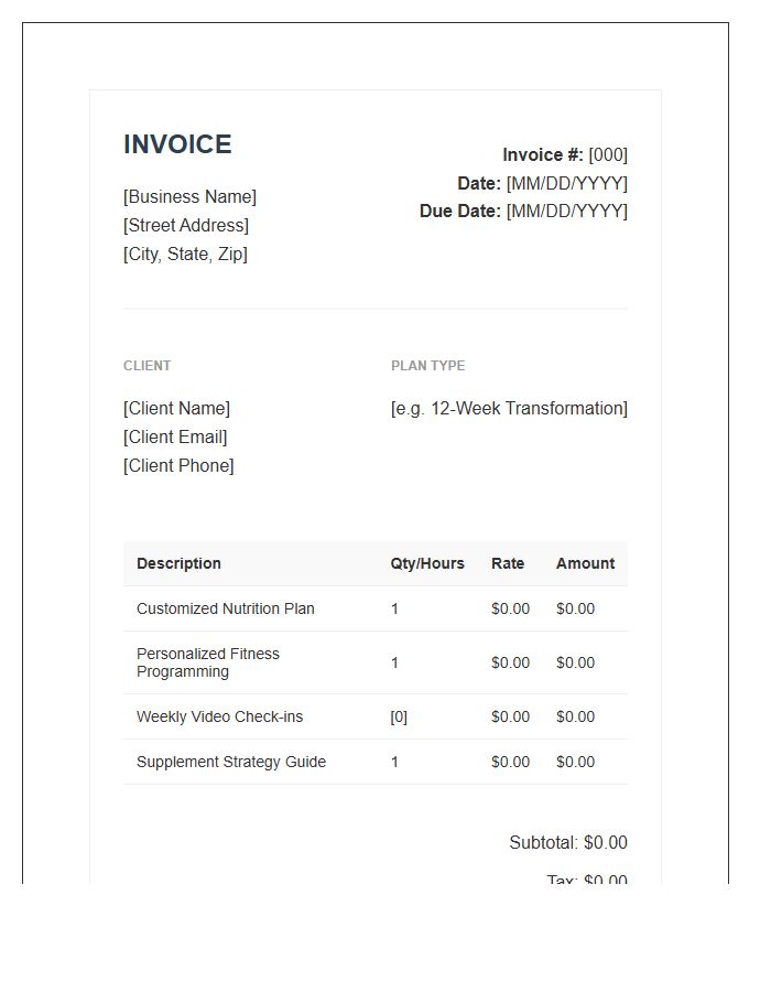 Nutrition And Fitness Plan Invoice Template