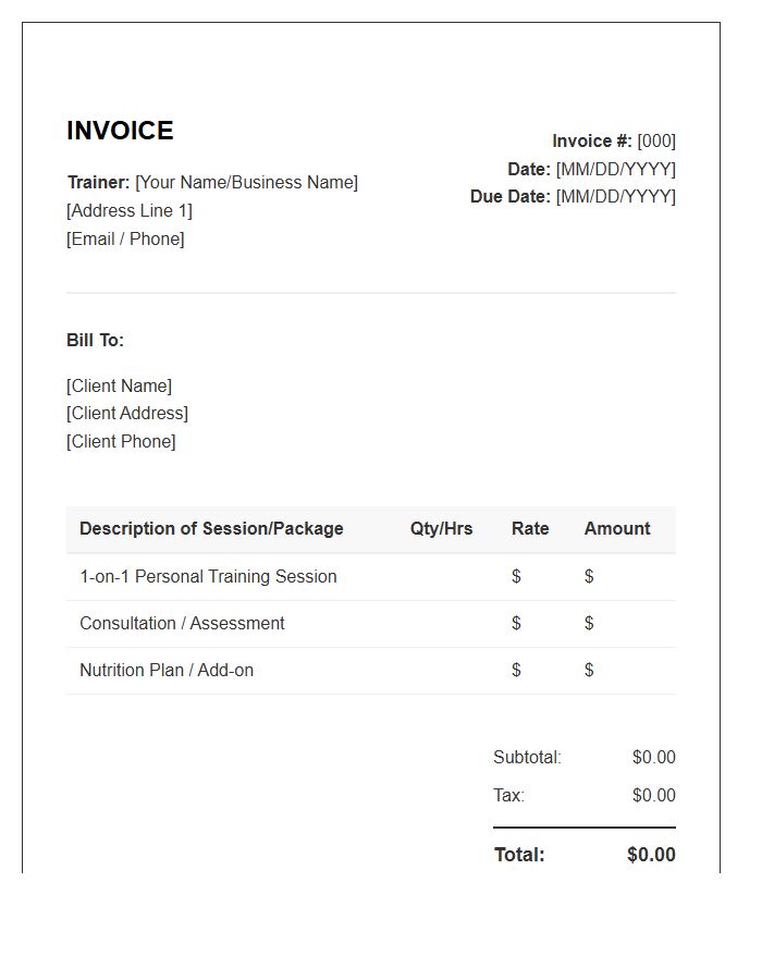 One On One Personal Training Invoice Template