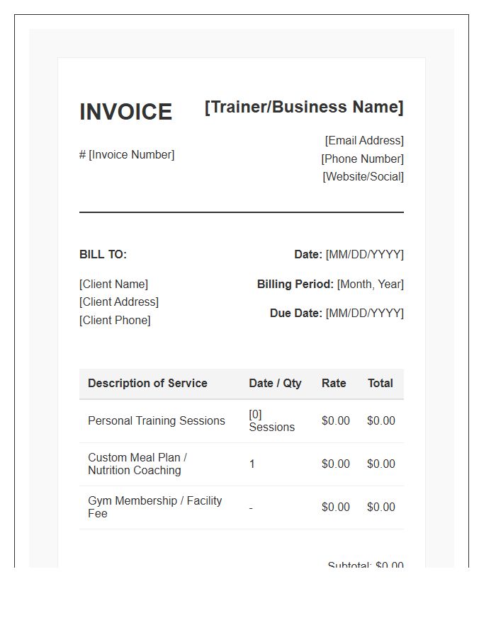 Personal Fitness Trainer Monthly Invoice Template