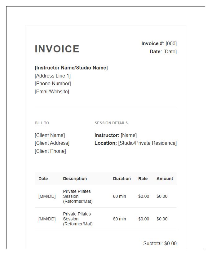 Pilates Instructor Private Session Invoice Template
