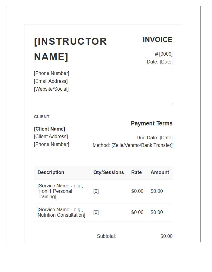 Private Gym Instructor Professional Invoice Template