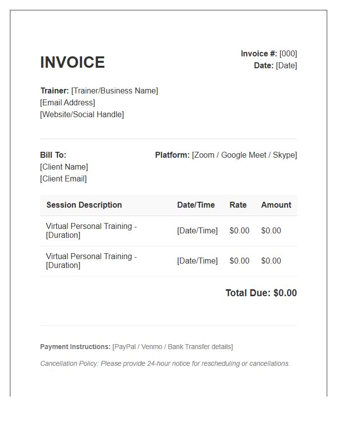 Virtual Fitness Training Session Invoice Template