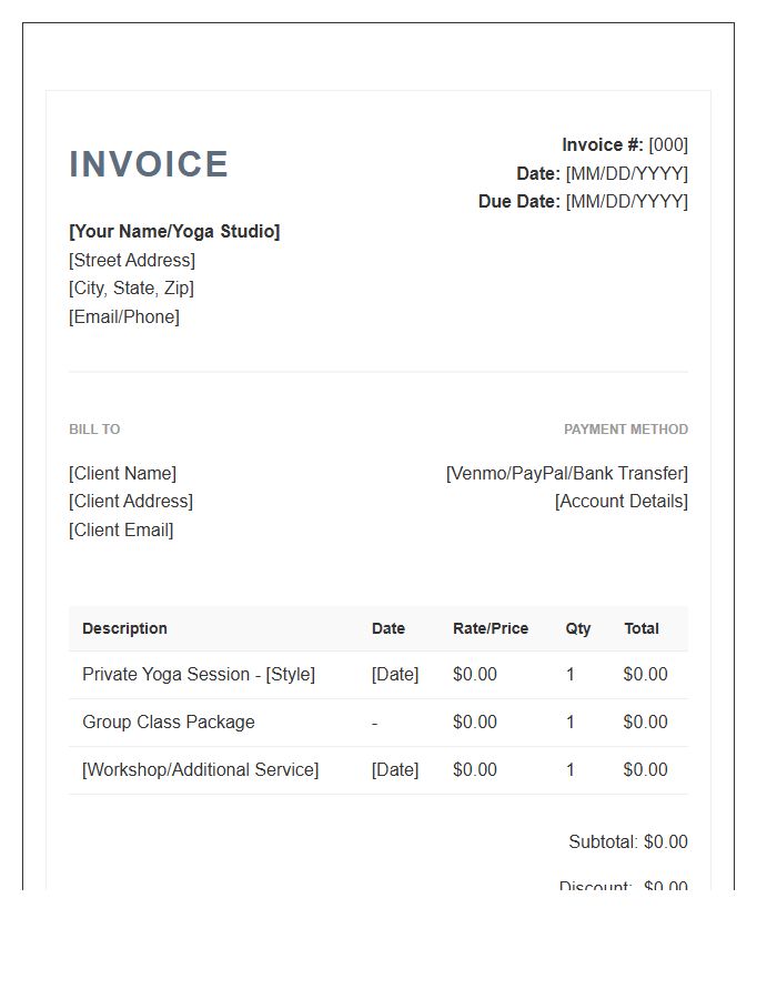 Yoga Teacher Professional Client Invoice Template