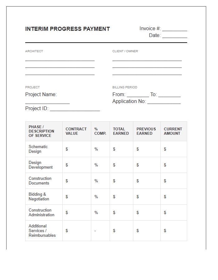 Architectural Interim Progress Payment Invoice Template