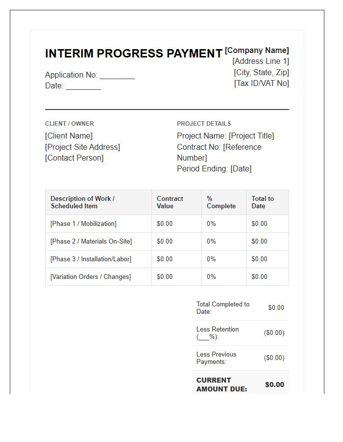 Industrial Interim Progress Payment Invoice Template