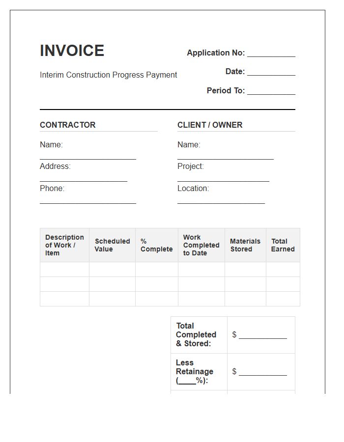Interim Construction Progress Payment Invoice Template