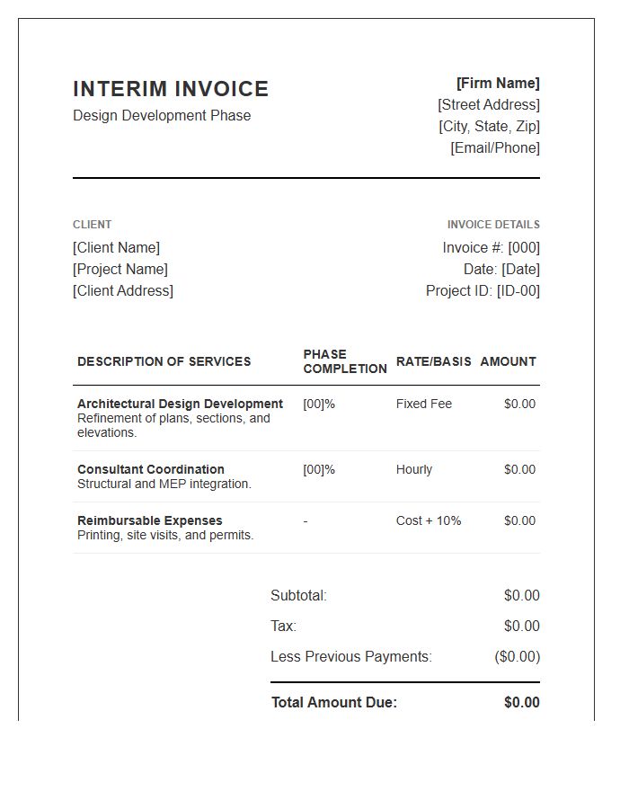Architectural Design Development Interim Invoice Template