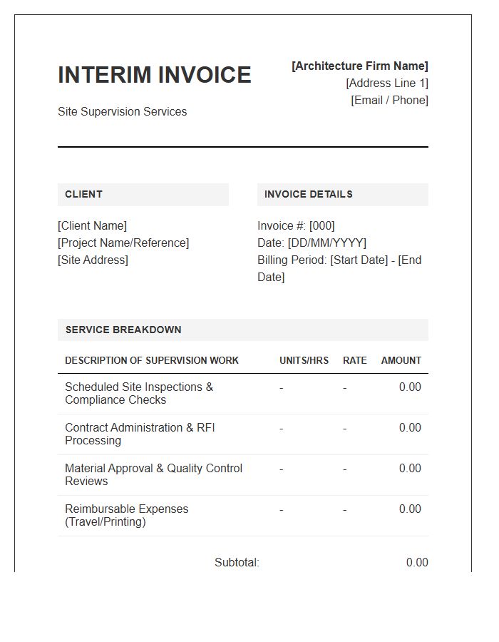 Architectural Site Supervision Interim Invoice Template
