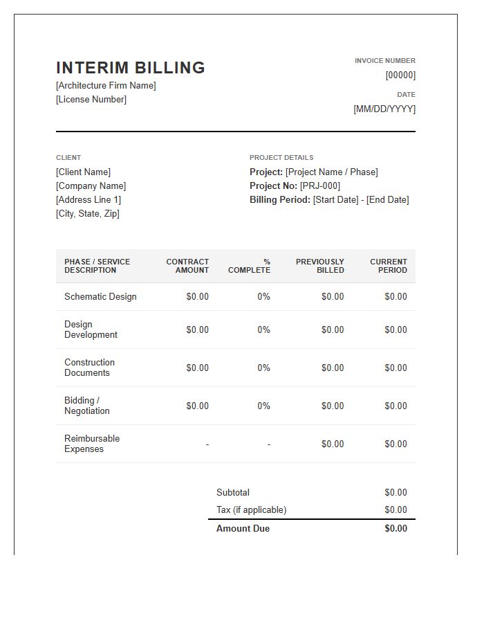 Commercial Architecture Interim Billing Invoice Template