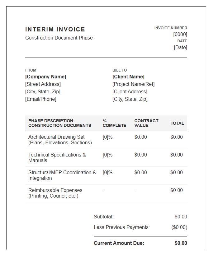 Construction Document Phase Interim Invoice Template