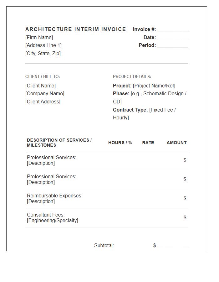 Monthly Architecture Interim Services Invoice Template