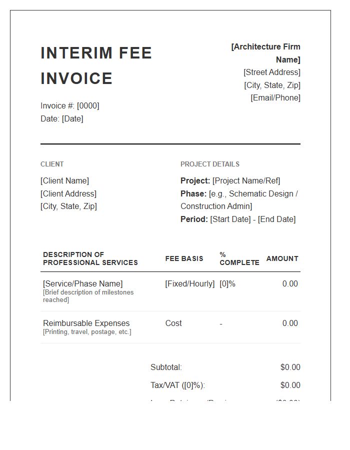 Professional Architecture Interim Fees Invoice Template