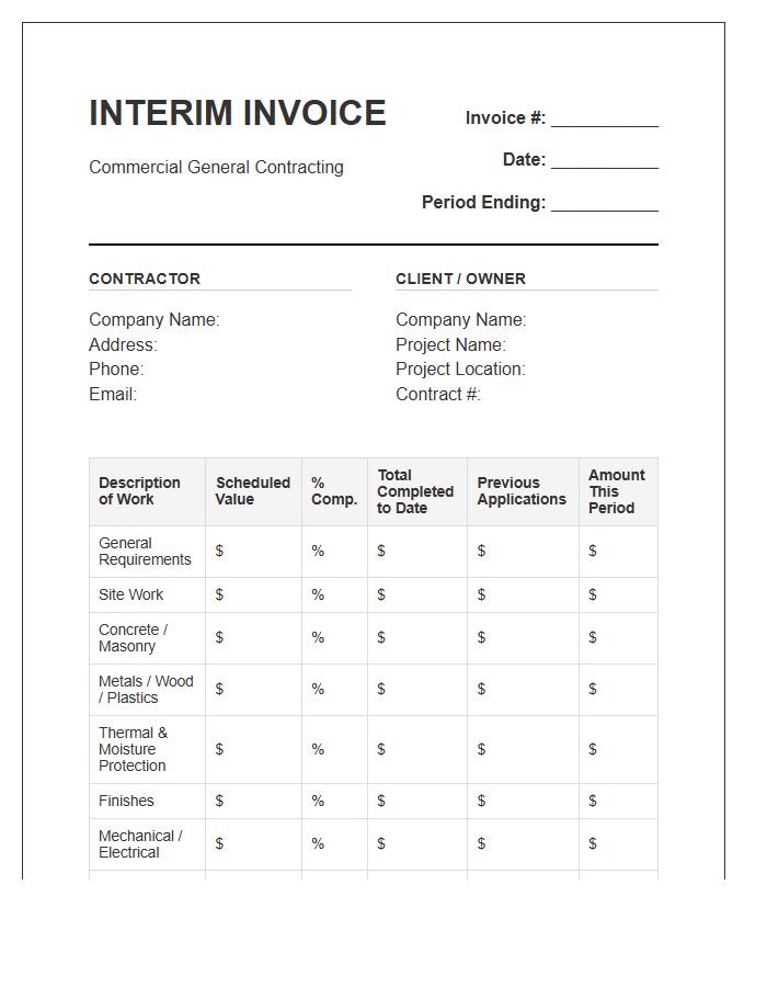 Commercial General Contractor Interim Invoice Template