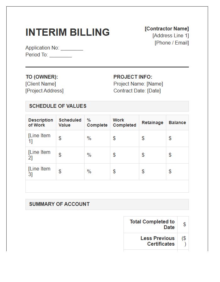 General Contractor Interim Billing Invoice Template