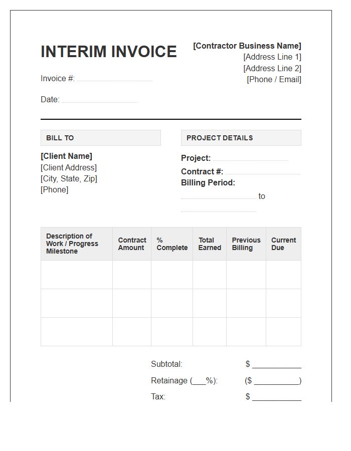 General Contractor Interim Work Invoice Template
