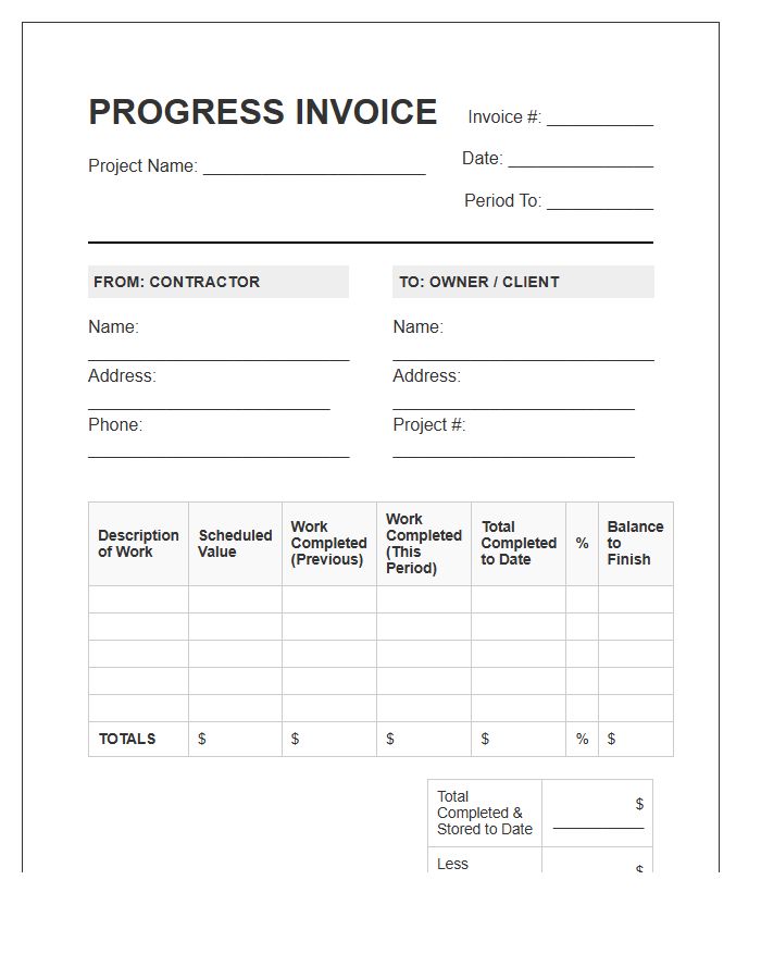 General Contractor Monthly Progress Invoice Template