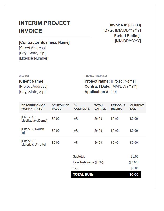 Interim Project Invoice Template For General Contractors