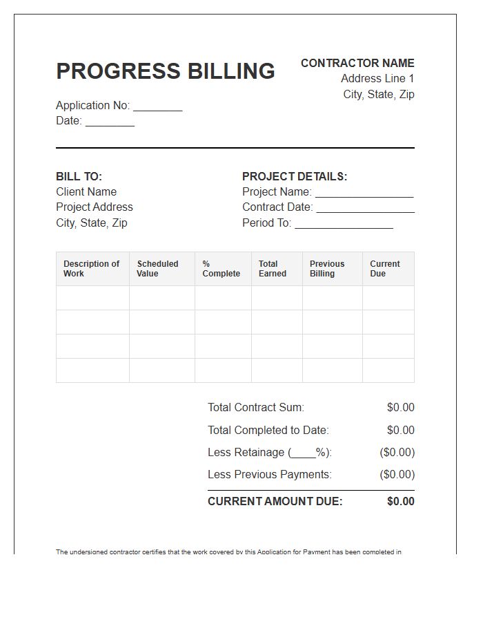 Residential Contractor Progress Billing Invoice Template