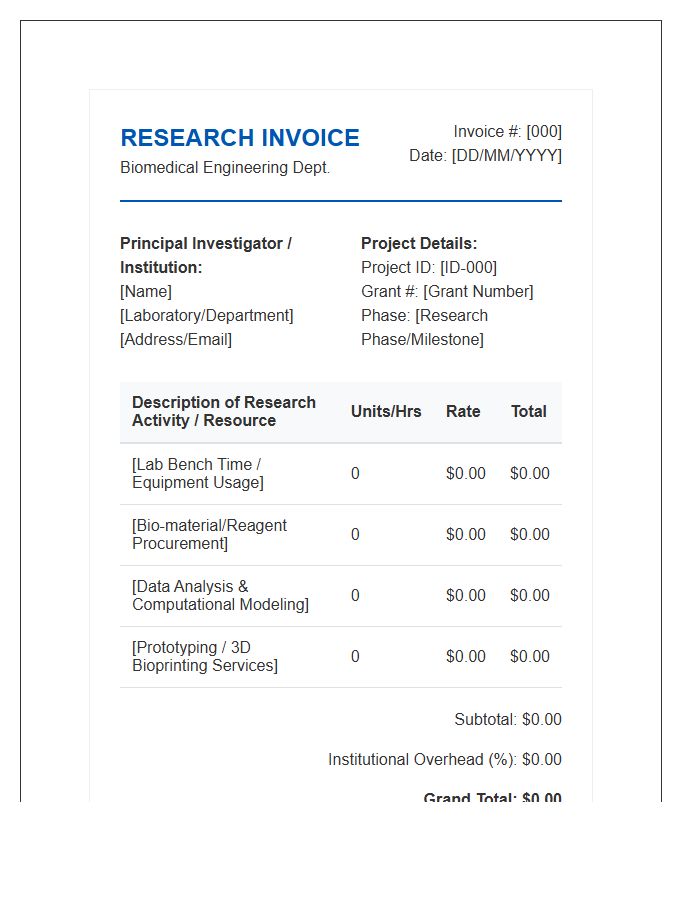 Biomedical Engineering Research Progress Invoice Template