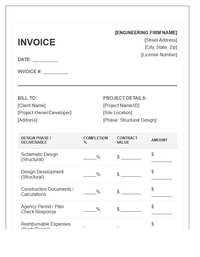 Structural Design Phase Billing Invoice Template