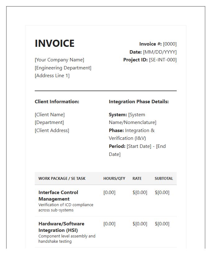 Systems Engineering Integration Phase Invoice Template
