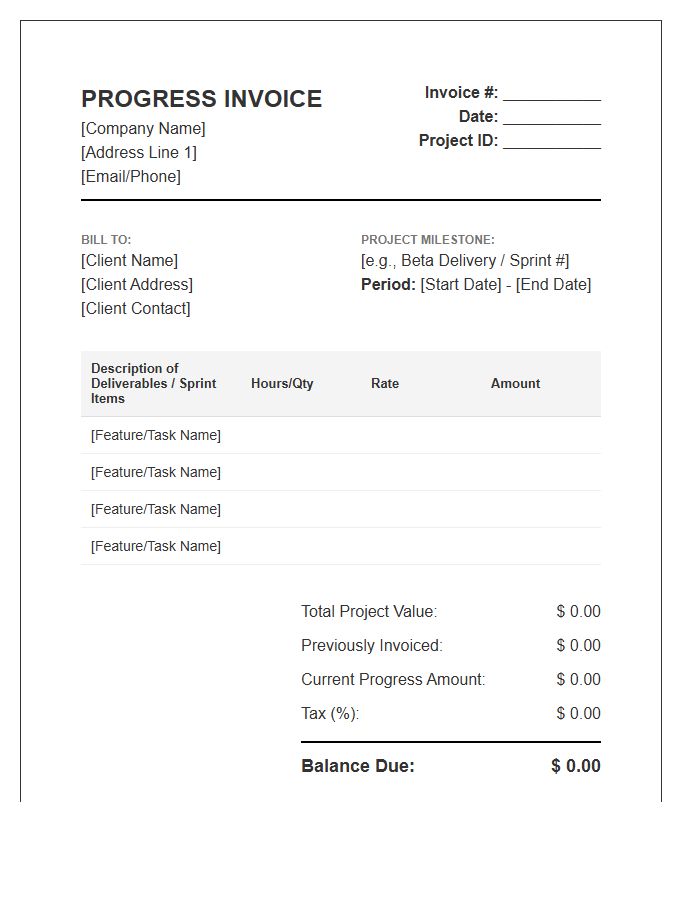 Custom Software Development Progress Invoice Template