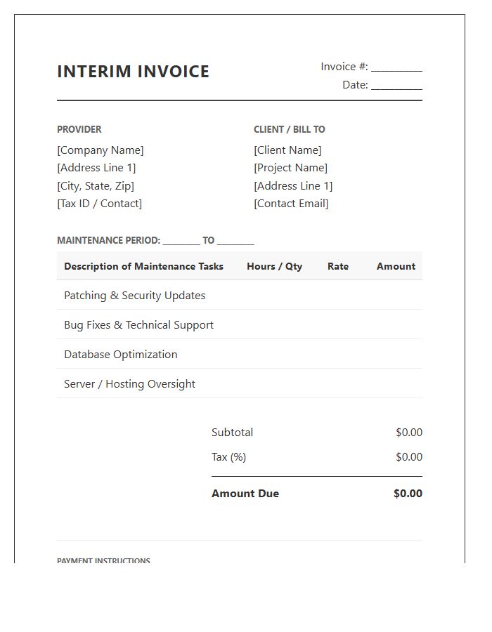 Software Maintenance Interim Invoice Template