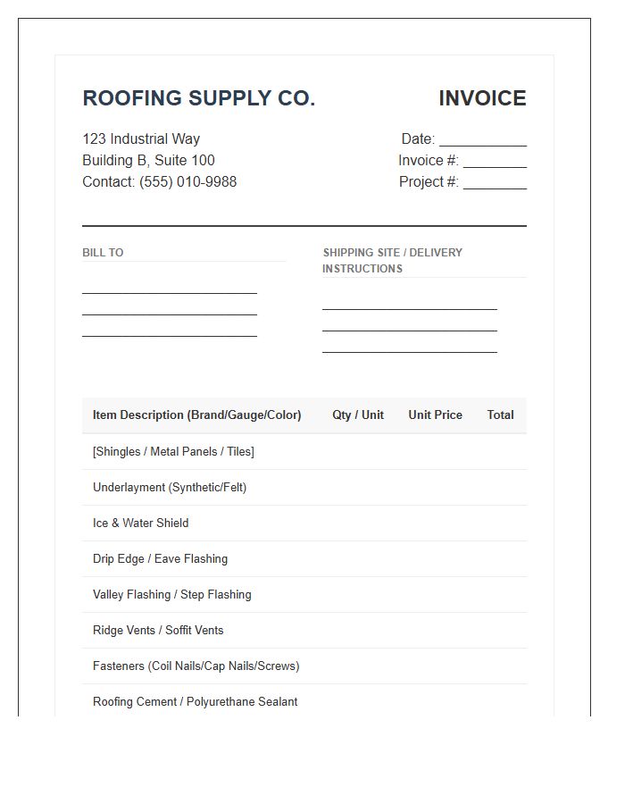 Comprehensive Roofing Material Invoice Template
