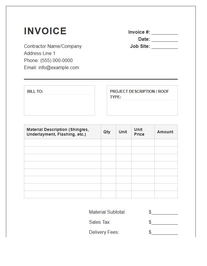 Contractor Roof Material Invoice Template