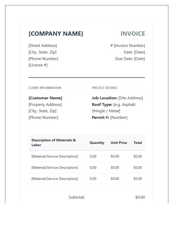 Professional Roofing Contractor Invoice Template