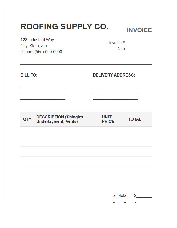 Residential Roofing Supply Invoice Template