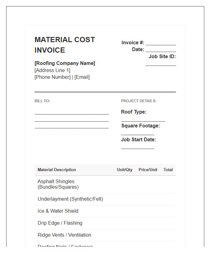 Roofing Contractor Material Cost Invoice Template