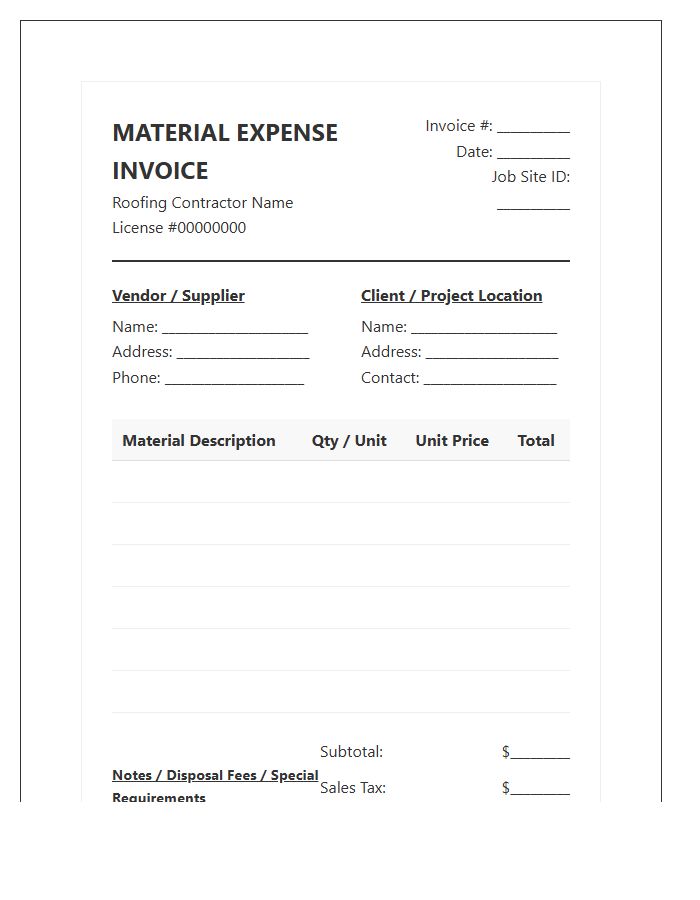Roofing Contractor Material Expense Invoice Template