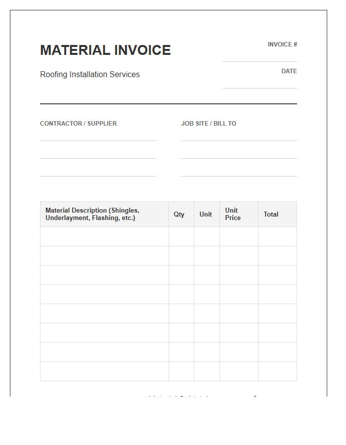 Roofing Installation Material Invoice Template