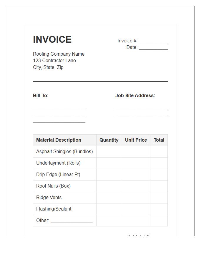 Roofing Inventory Material Invoice Template