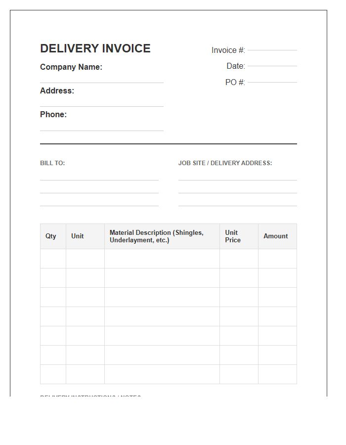 Roofing Material Delivery Invoice Template