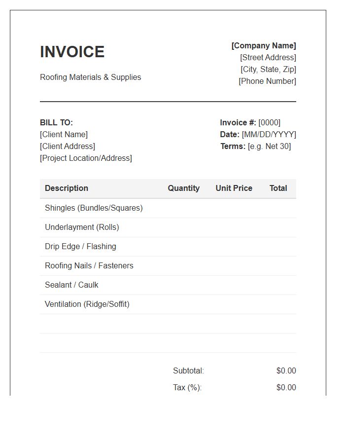 Roofing Project Material Invoice Template