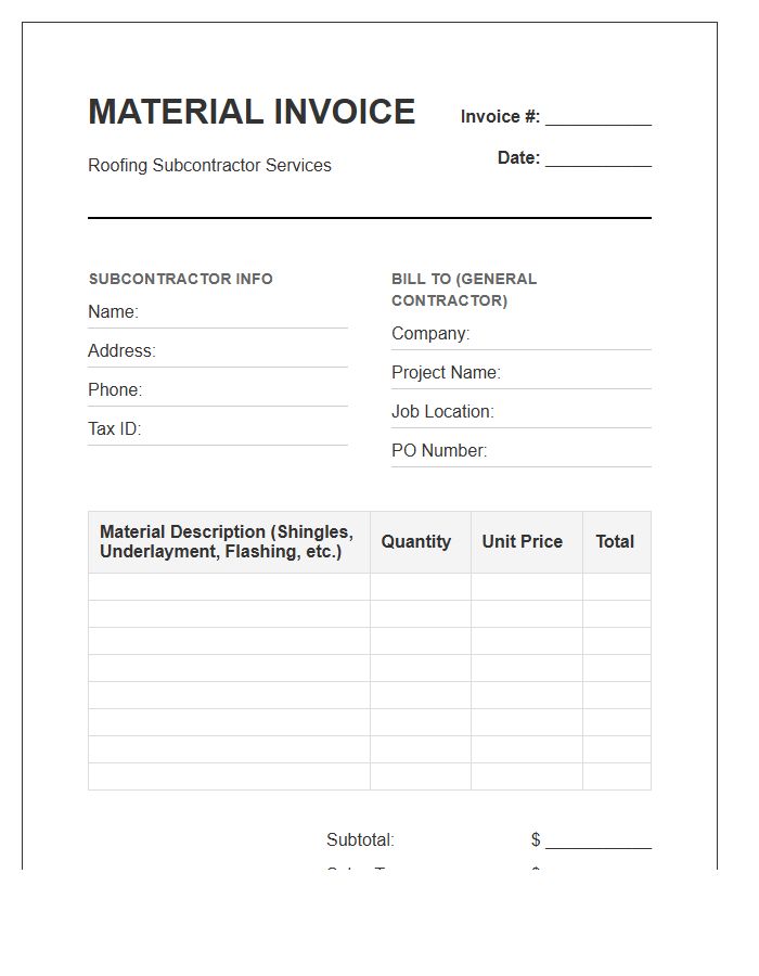 Roofing Subcontractor Material Invoice Template