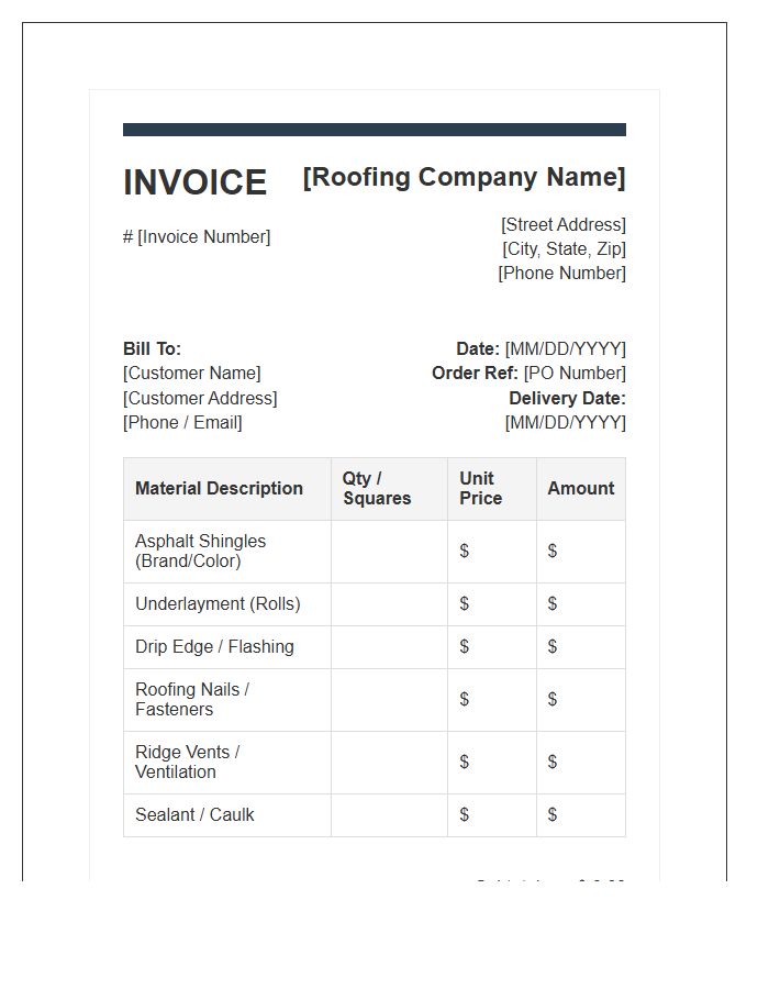 Standard Roofing Material Invoice Template