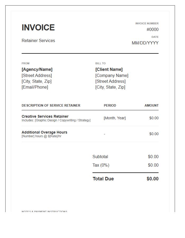 Creative Services Retainer Invoice Template