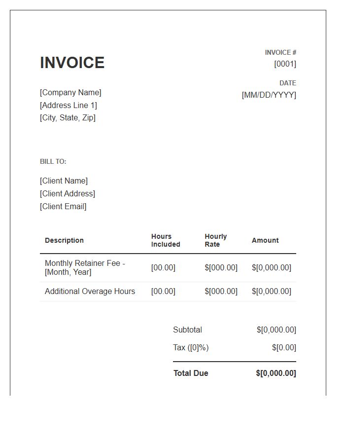 Hourly Retainer Fee Invoice Template