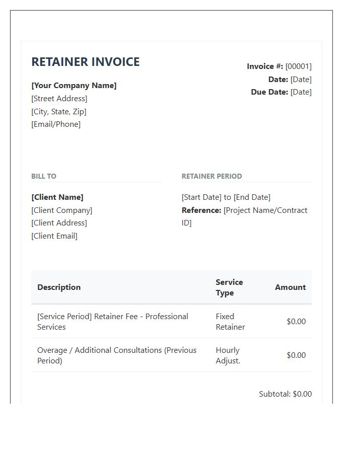 Professional Service Retainer Invoice Template