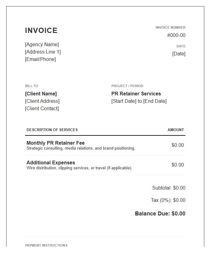 Public Relations Retainer Invoice Template
