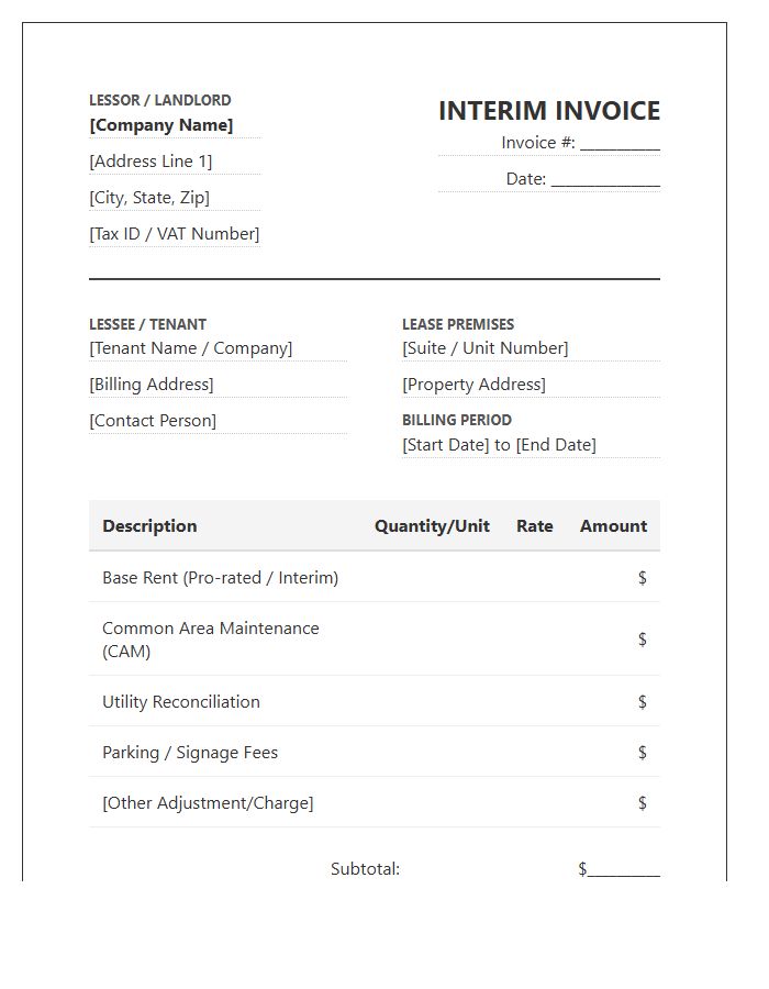Commercial Lease Agreement Interim Invoice Template