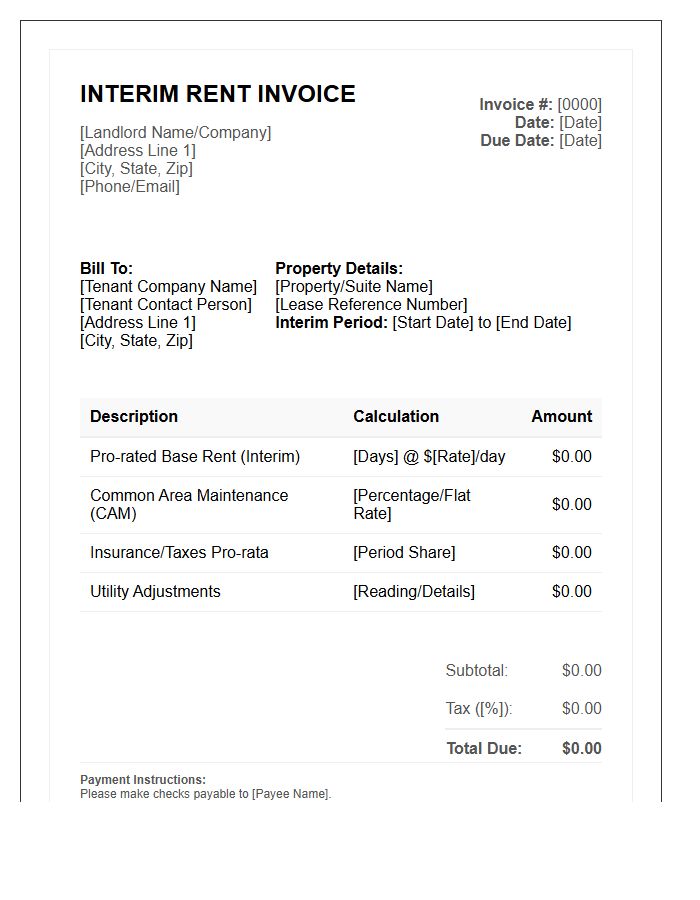 Commercial Tenant Interim Rent Invoice Template
