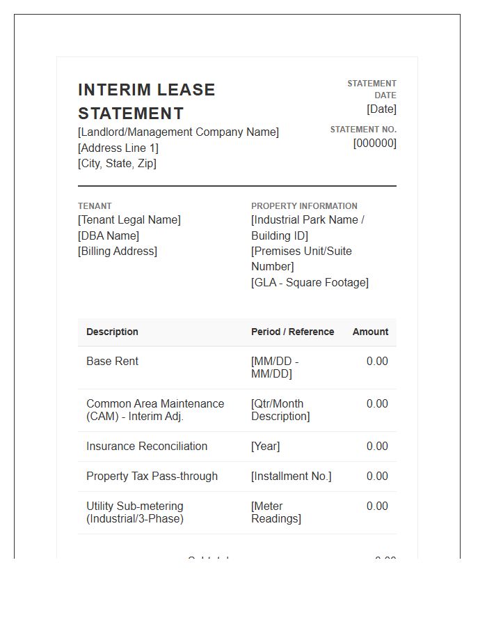 Industrial Lease Interim Statement Invoice Template