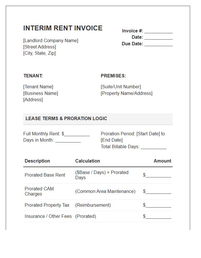 Prorated Commercial Lease Interim Invoice Template