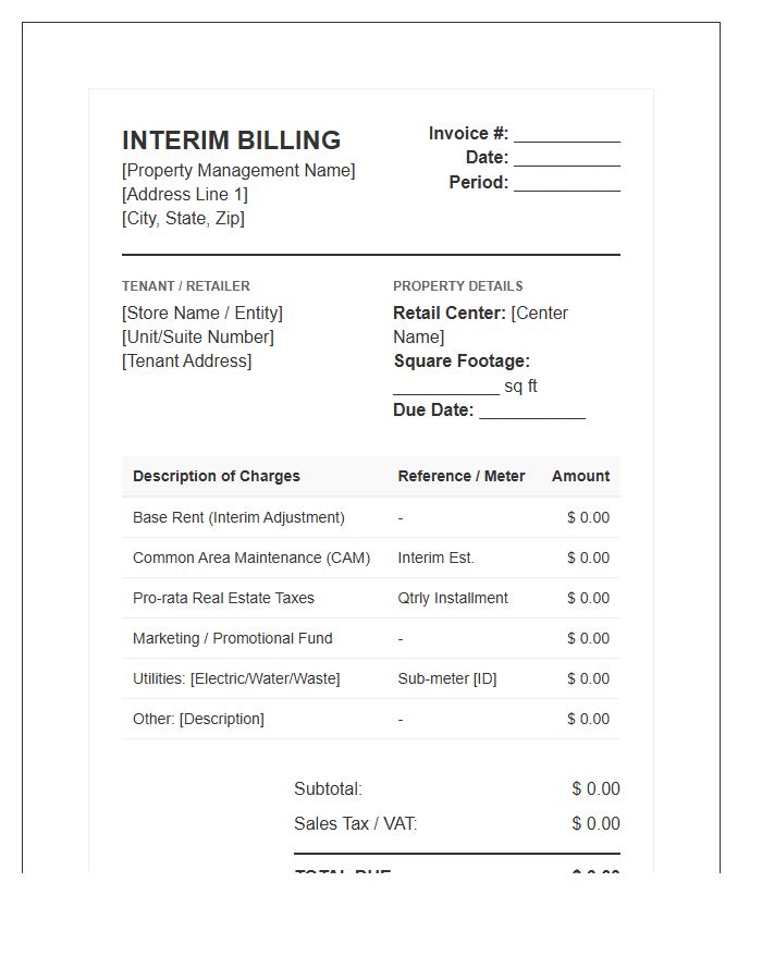 Retail Space Interim Billing Invoice Template