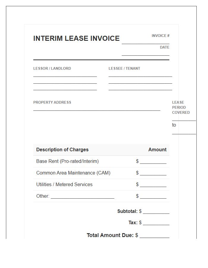 Short Term Commercial Lease Interim Invoice Template
